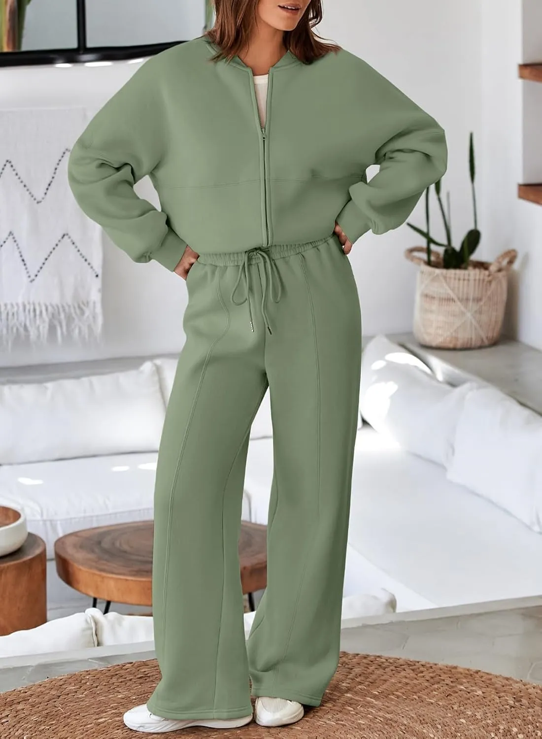 Aleumdr Women's 2 Piece Outfits Oversized Fleece Sweatsuit Zip Up Long Sleeve Sweatshirt with Wide Leg Sweatpants