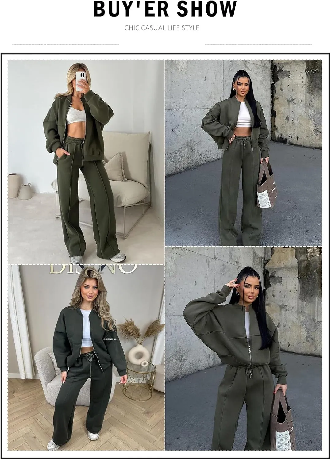 Aleumdr Women's 2 Piece Outfits Oversized Fleece Sweatsuit Zip Up Long Sleeve Sweatshirt with Wide Leg Sweatpants