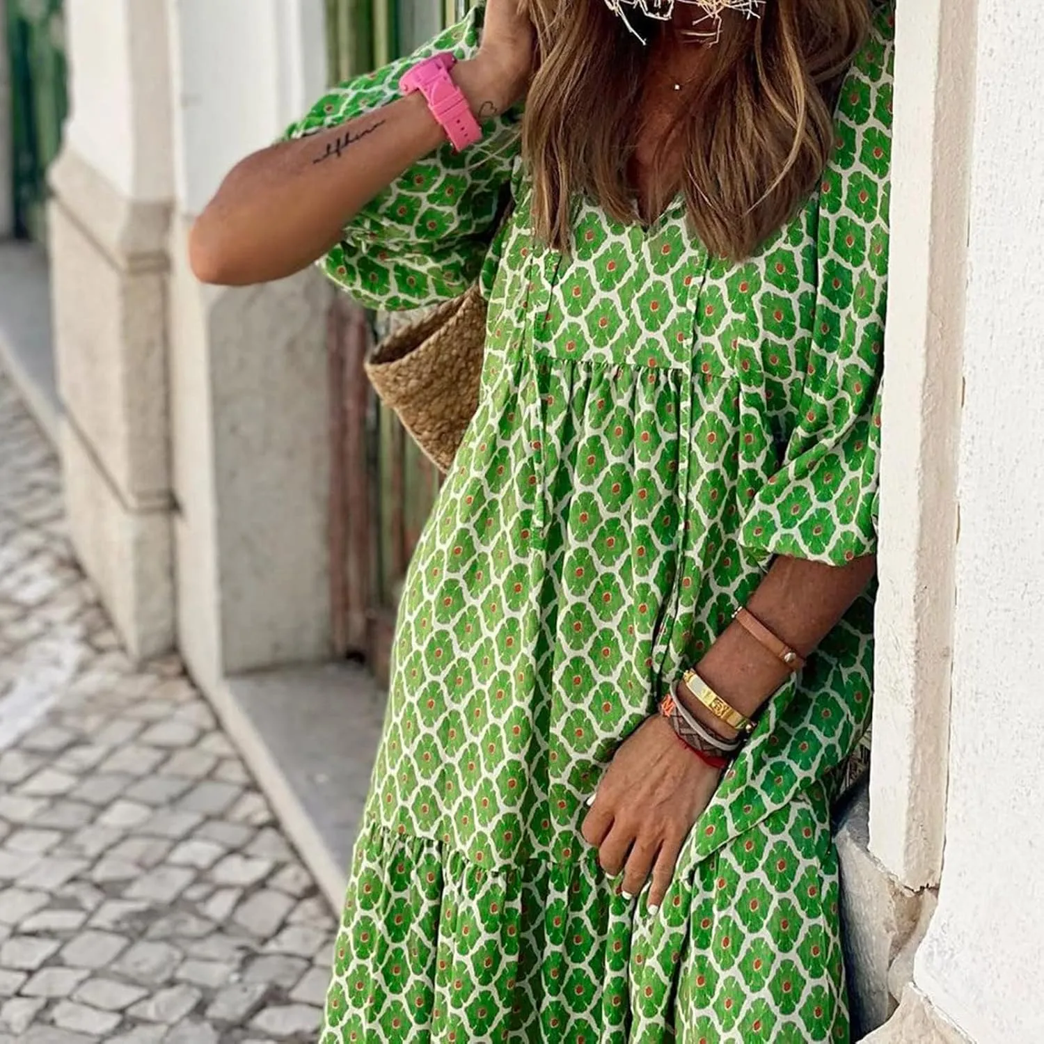 Boho Maxi Dresses for Women Summer Loose V Neck Puff Short Sleeve Dress Casual Flowy Floral Tiered Beach Sundress