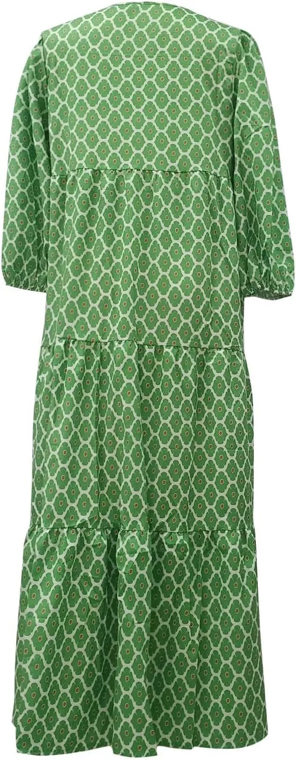 Boho Maxi Dresses for Women Summer Loose V Neck Puff Short Sleeve Dress Casual Flowy Floral Tiered Beach Sundress
