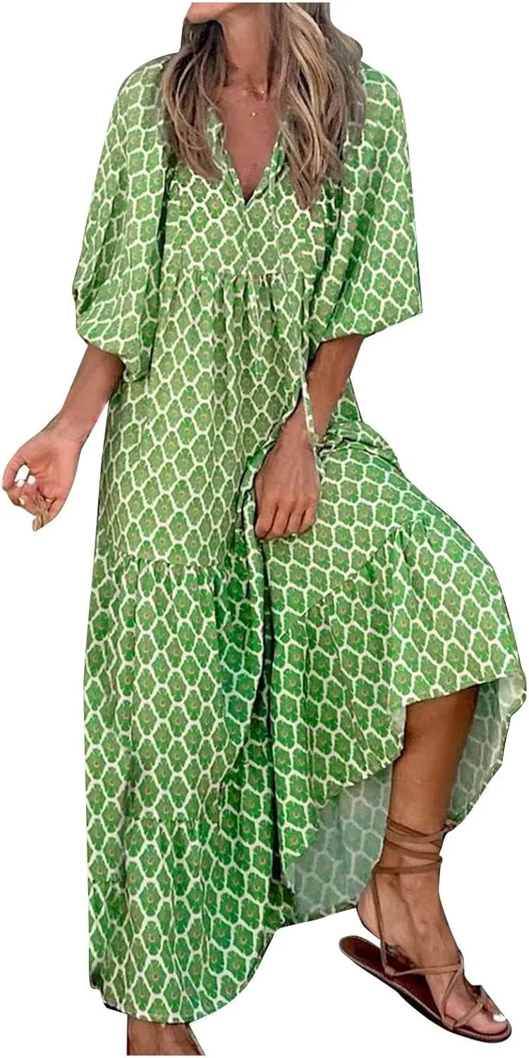 Boho Maxi Dresses for Women Summer Loose V Neck Puff Short Sleeve Dress Casual Flowy Floral Tiered Beach Sundress