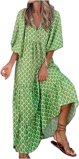 Boho Maxi Dresses for Women Summer Loose V Neck Puff Short Sleeve Dress Casual Flowy Floral Tiered Beach Sundress