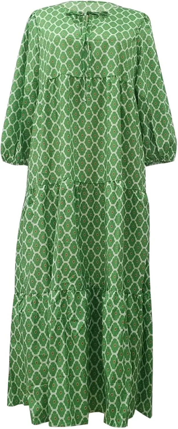 Boho Maxi Dresses for Women Summer Loose V Neck Puff Short Sleeve Dress Casual Flowy Floral Tiered Beach Sundress