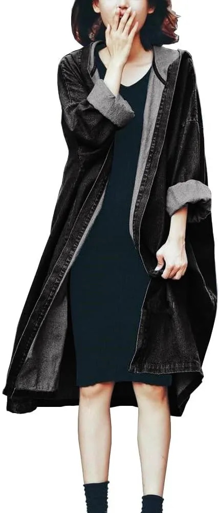 chouyatou Women's Casual Hooded Denim Jacket Open Front Loose Fit Boyfriend Jean Long Trench Coat with Hood