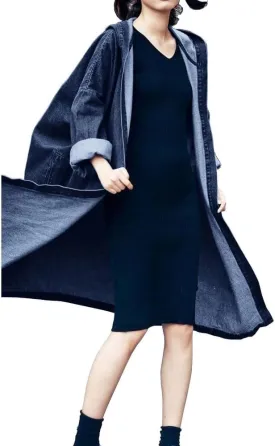 chouyatou Women's Casual Hooded Denim Jacket Open Front Loose Fit Boyfriend Jean Long Trench Coat with Hood