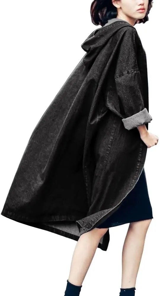 chouyatou Women's Casual Hooded Denim Jacket Open Front Loose Fit Boyfriend Jean Long Trench Coat with Hood