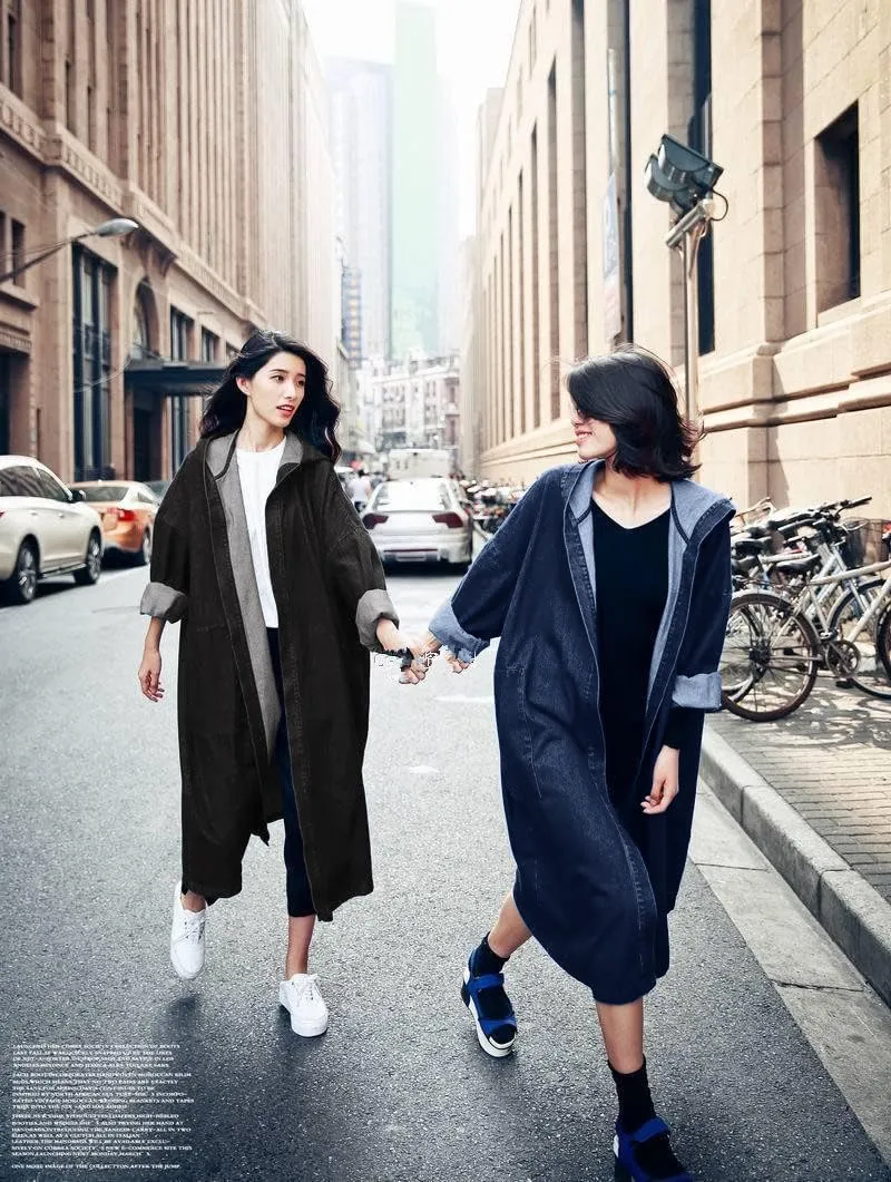 chouyatou Women's Casual Hooded Denim Jacket Open Front Loose Fit Boyfriend Jean Long Trench Coat with Hood