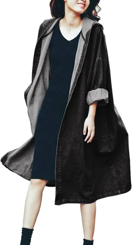 chouyatou Women's Casual Hooded Denim Jacket Open Front Loose Fit Boyfriend Jean Long Trench Coat with Hood
