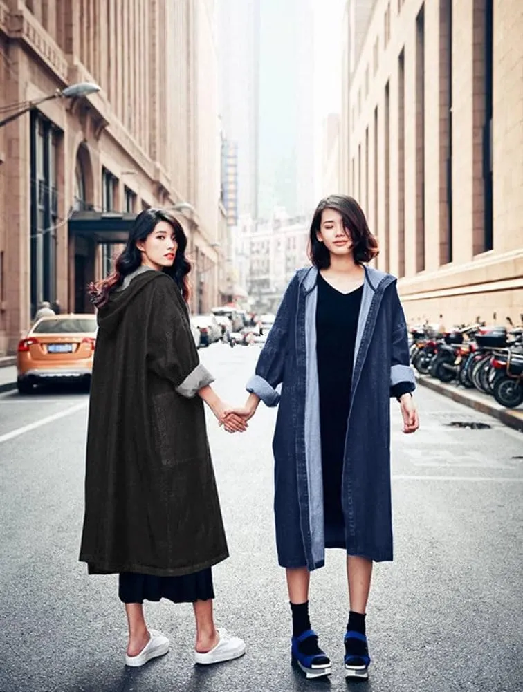 chouyatou Women's Casual Hooded Denim Jacket Open Front Loose Fit Boyfriend Jean Long Trench Coat with Hood