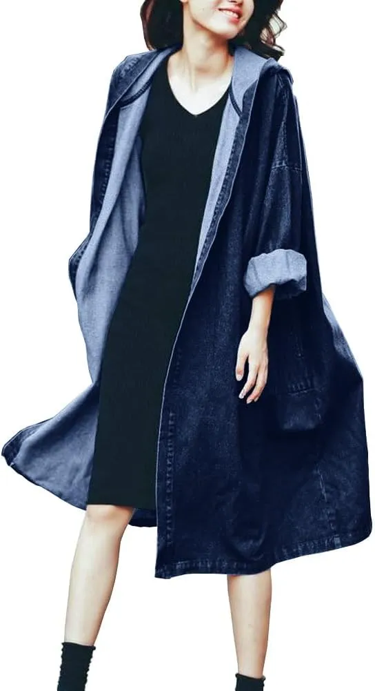 chouyatou Women's Casual Hooded Denim Jacket Open Front Loose Fit Boyfriend Jean Long Trench Coat with Hood