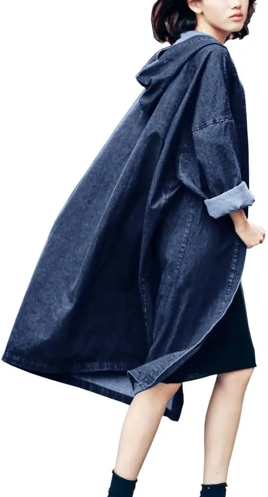 chouyatou Women's Casual Hooded Denim Jacket Open Front Loose Fit Boyfriend Jean Long Trench Coat with Hood