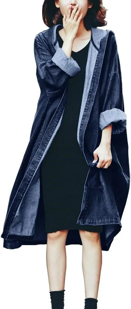 chouyatou Women's Casual Hooded Denim Jacket Open Front Loose Fit Boyfriend Jean Long Trench Coat with Hood