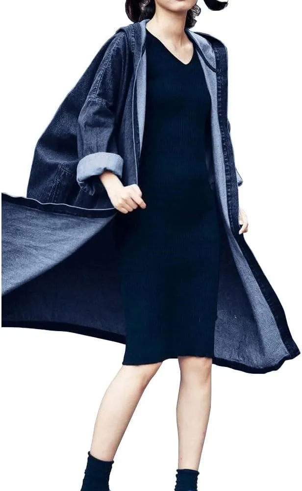chouyatou Women's Casual Hooded Denim Jacket Open Front Loose Fit Boyfriend Jean Long Trench Coat with Hood