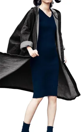 chouyatou Women's Casual Hooded Denim Jacket Open Front Loose Fit Boyfriend Jean Long Trench Coat with Hood
