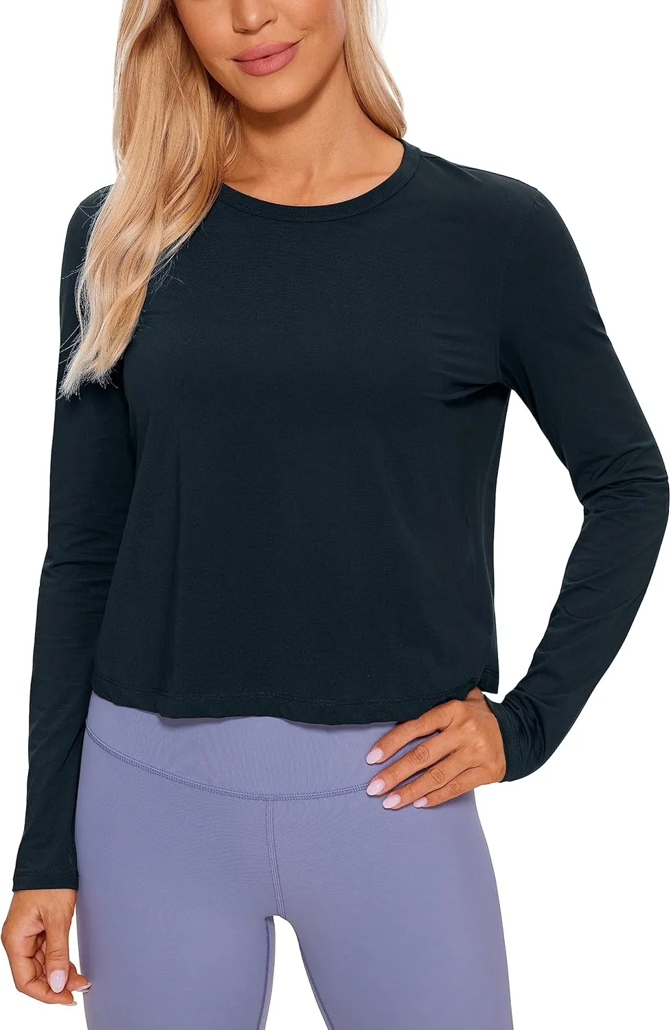 CRZ YOGA Pima Cotton Long Sleeve Workout Shirts for Women Loose Cropped Tops Athletic Sports T-Shirt
