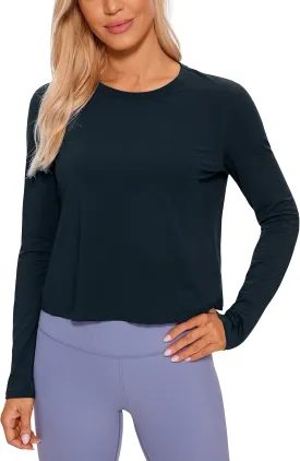 CRZ YOGA Pima Cotton Long Sleeve Workout Shirts for Women Loose Cropped Tops Athletic Sports T-Shirt