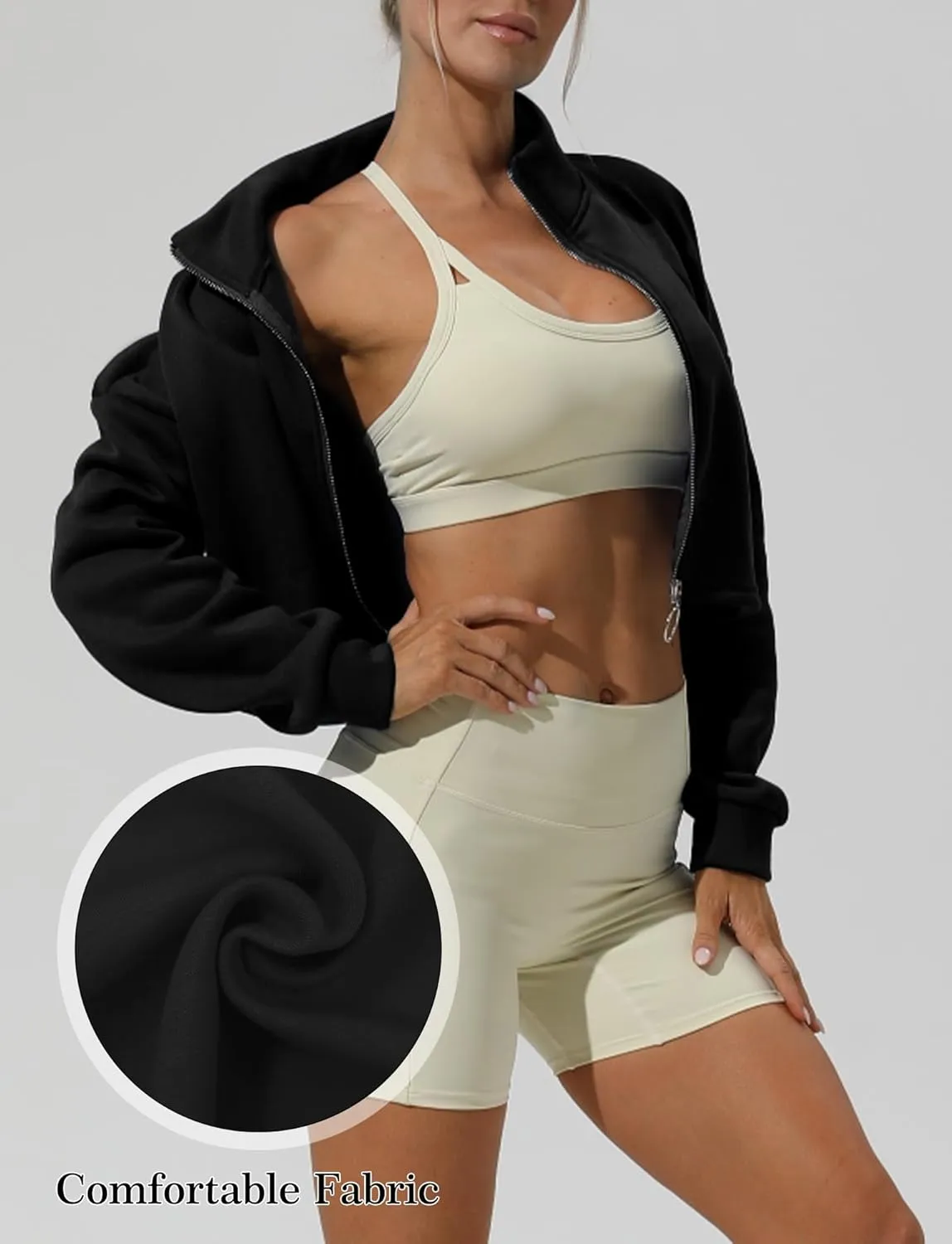 FEOYA Women's Lightweight Crop Workout Jacket Loose Fit Stand Collar Zip Up Athletic Sweatshirt Fall 2024