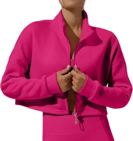 FEOYA Women's Lightweight Crop Workout Jacket Loose Fit Stand Collar Zip Up Athletic Sweatshirt Fall 2024