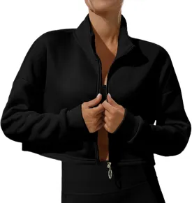 FEOYA Women's Lightweight Crop Workout Jacket Loose Fit Stand Collar Zip Up Athletic Sweatshirt Fall 2024