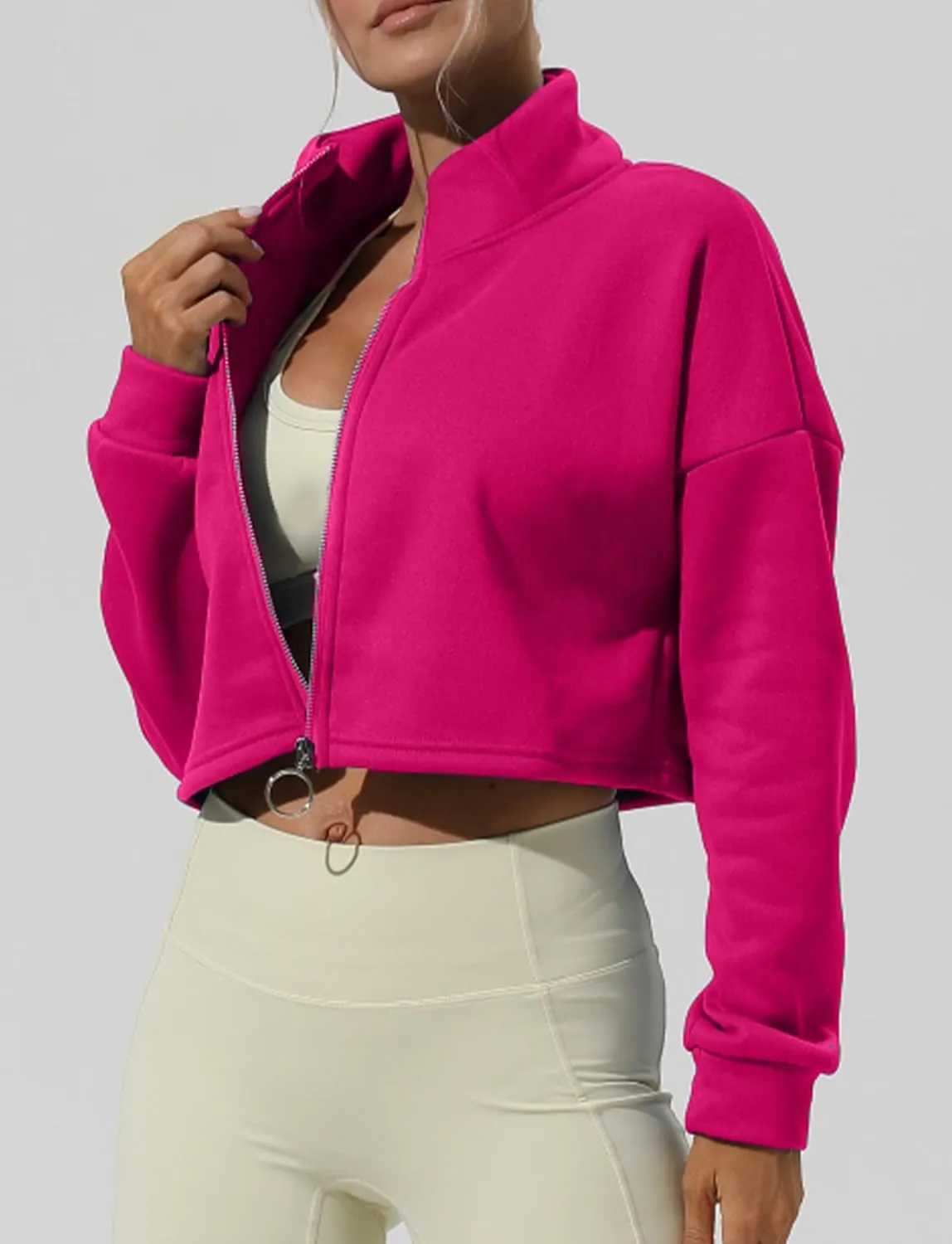 FEOYA Women's Lightweight Crop Workout Jacket Loose Fit Stand Collar Zip Up Athletic Sweatshirt Fall 2024