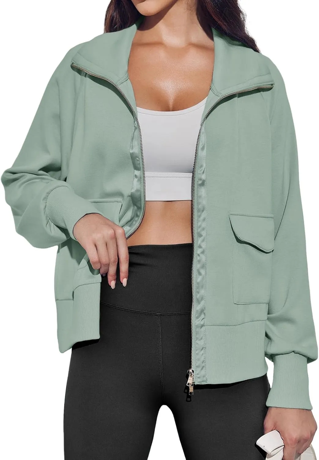 Fisoew Women's Zip up Sweatshirt Collared Neck Long Sleeve Loose Casual Lightweight Jacket with Pockets