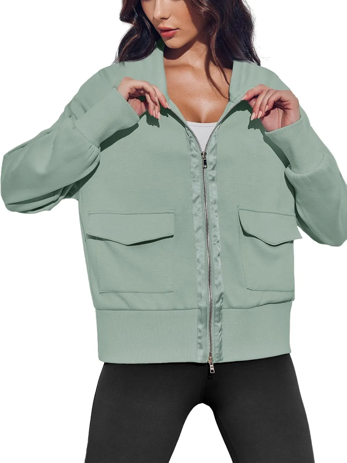 Fisoew Women's Zip up Sweatshirt Collared Neck Long Sleeve Loose Casual Lightweight Jacket with Pockets