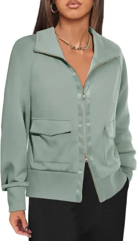Fisoew Women's Zip up Sweatshirt Collared Neck Long Sleeve Loose Casual Lightweight Jacket with Pockets