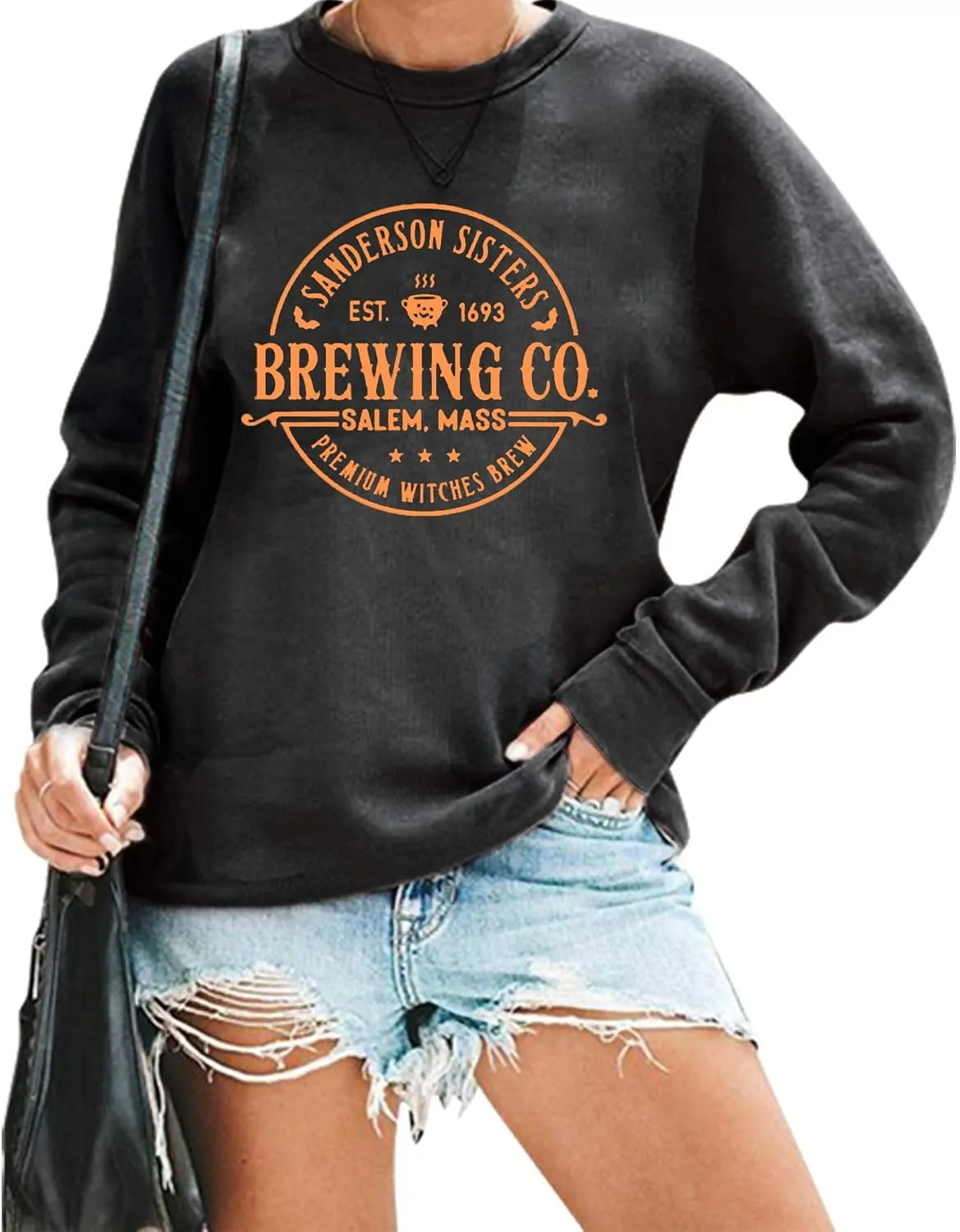 Halloween Sweatshirts for Women Witches Brew Sweatshirt Funny Spooky Season Sweatshirt Ghost Fall Sweater Pullover Tops