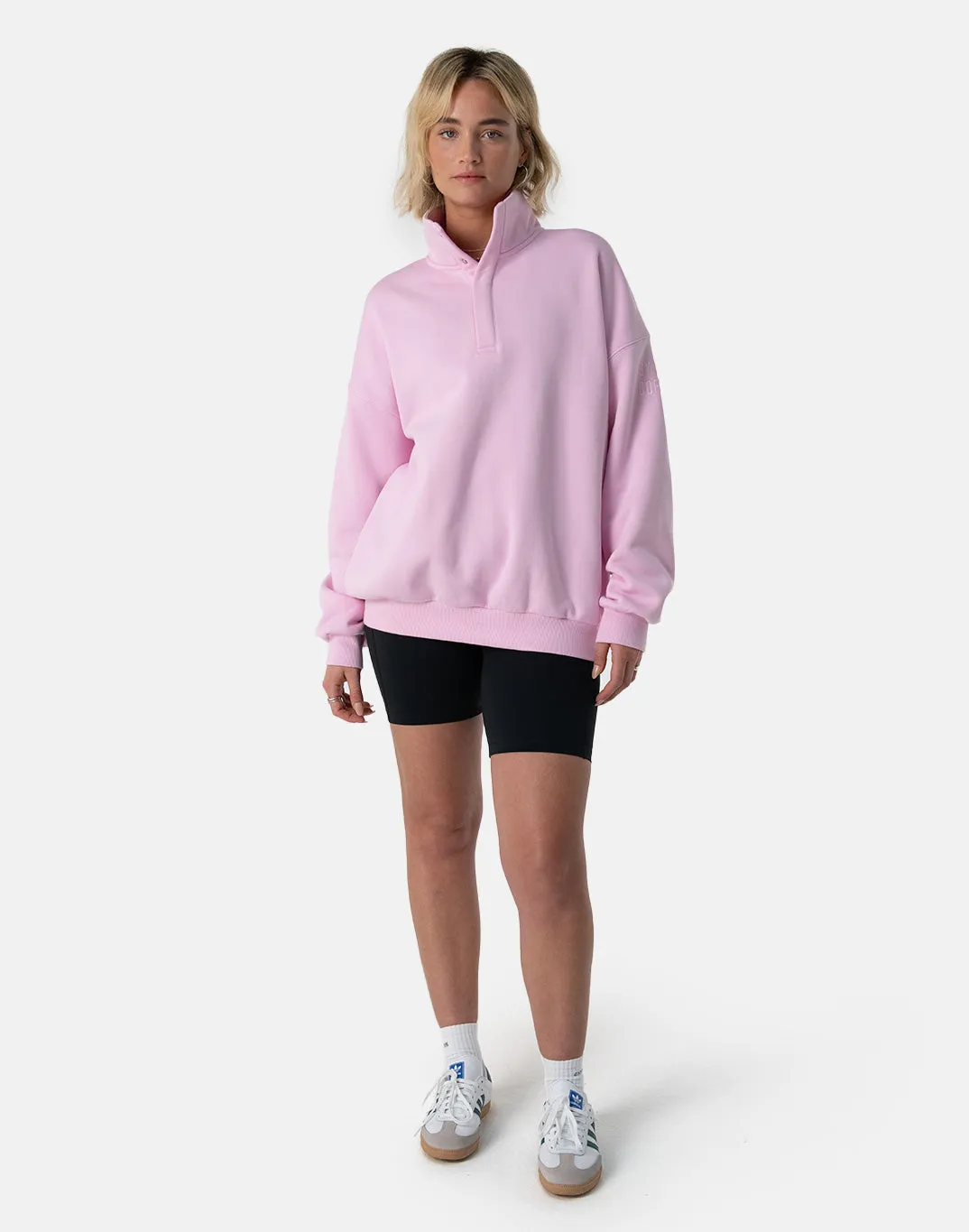 Cozy Kin Snap Collar Sweatshirt in Soft Baby Pink - Stylish and Comfortable Essentials