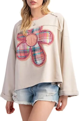 KMBANGI Women Y2K Color Block Sweatshirt Vintage Long Sleeve Patchwork Floral Crew Neck Top Casual Oversized Sweatshirt