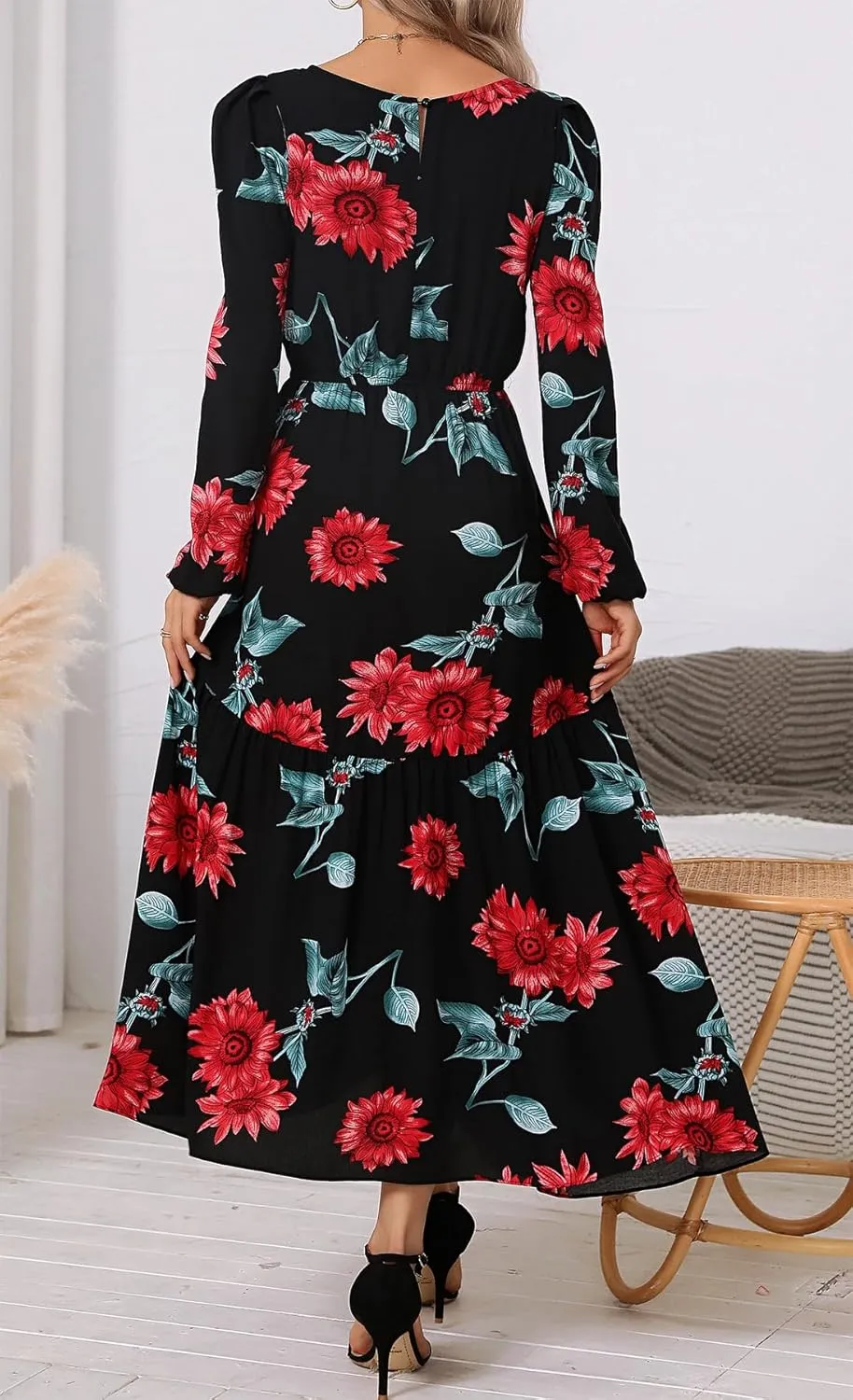 Kormei Women Casual Loose Long Sleeve Crew Neck Elastic Waist Fall Dress A Line Boho Flowy Tiered Cocktail Maxi Long Dress