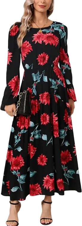 Kormei Women Casual Loose Long Sleeve Crew Neck Elastic Waist Fall Dress A Line Boho Flowy Tiered Cocktail Maxi Long Dress