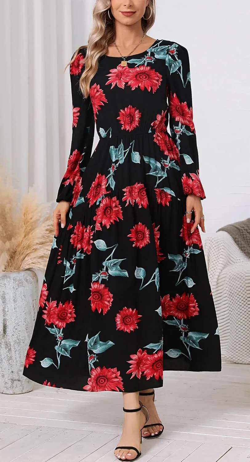 Kormei Women Casual Loose Long Sleeve Crew Neck Elastic Waist Fall Dress A Line Boho Flowy Tiered Cocktail Maxi Long Dress