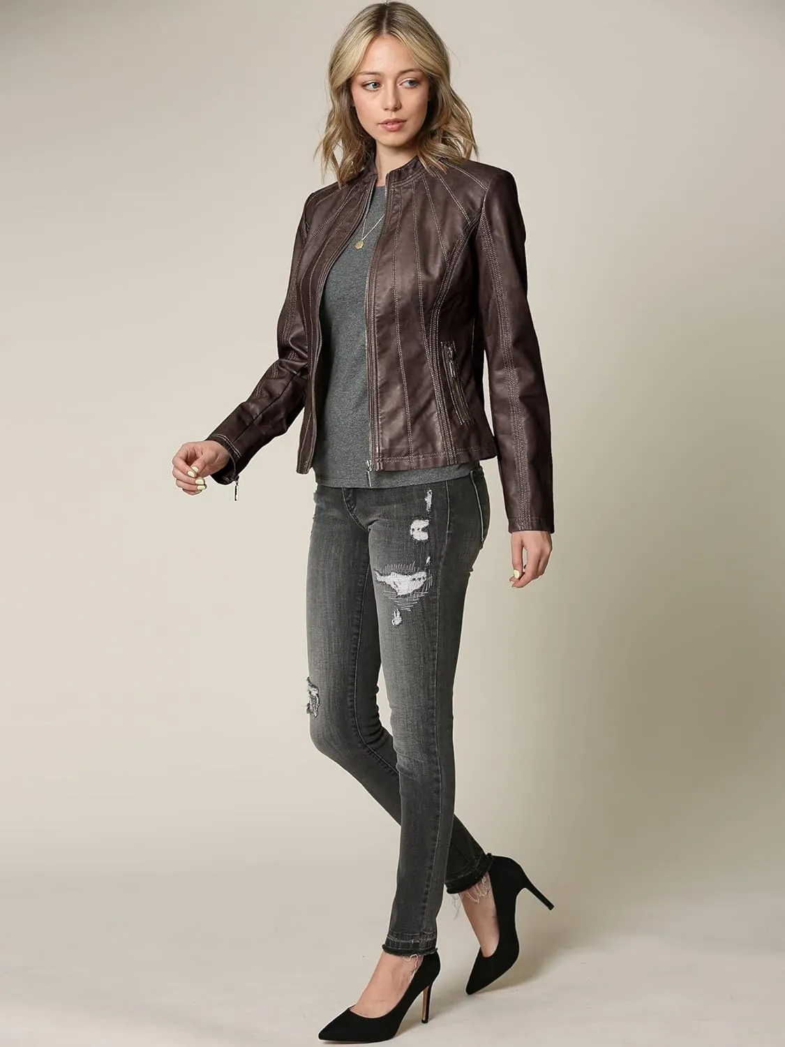 Lock and Love Slim Fit Stylish Vegan Leather Moto Jacket for Women - PU Biker Motorcycle Coat