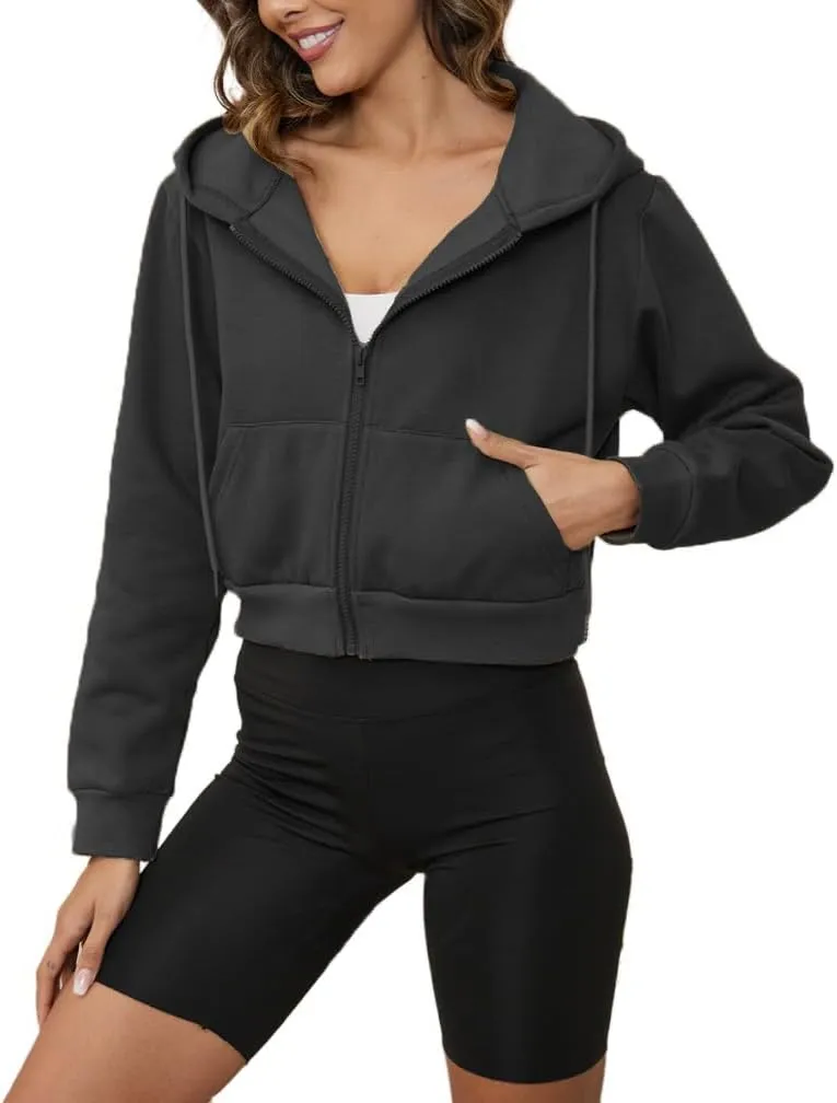 LOFAAC Women Fleece Full Zip Up Cropped Hoodie Sweatshirt 90s Long Sleeve Drawstring Hooded Crop Jacket Top with Pockets