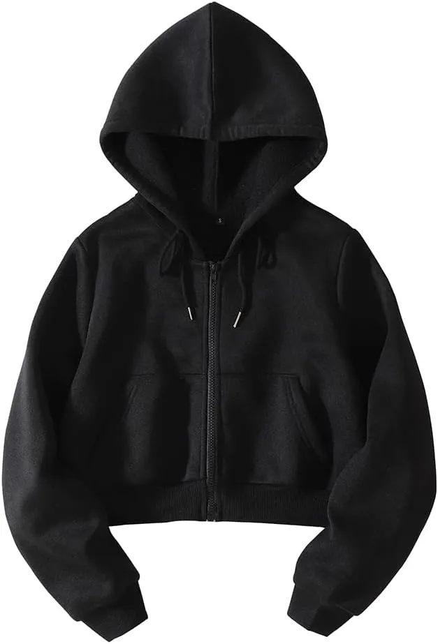 LOFAAC Women Fleece Full Zip Up Cropped Hoodie Sweatshirt 90s Long Sleeve Drawstring Hooded Crop Jacket Top with Pockets