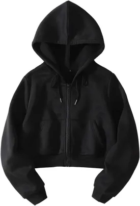 LOFAAC Women Fleece Full Zip Up Cropped Hoodie Sweatshirt 90s Long Sleeve Drawstring Hooded Crop Jacket Top with Pockets