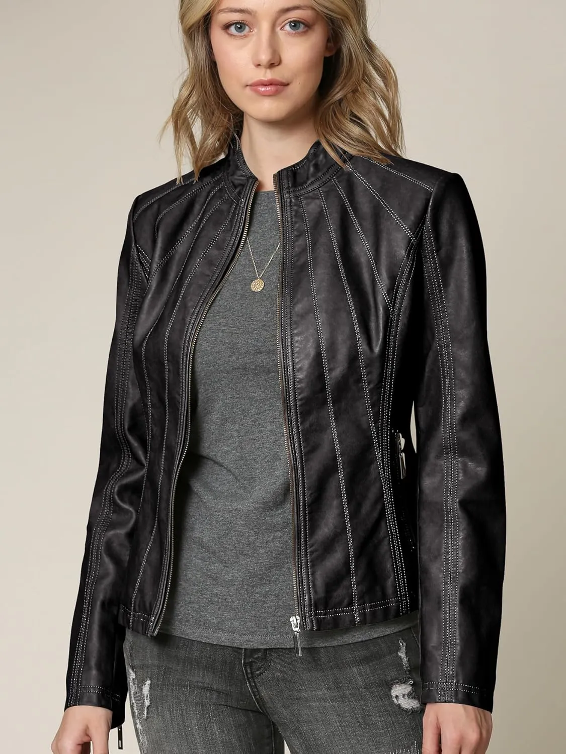 Made By Johnny MBJ Womens Faux Leather Zip Up Moto Biker Jacket with Stitching Detail