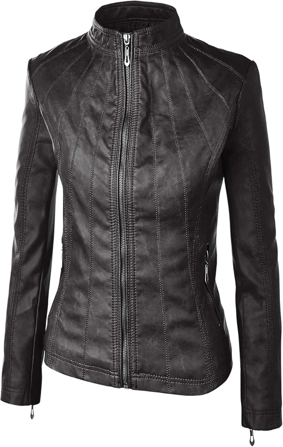 Made By Johnny MBJ Womens Faux Leather Zip Up Moto Biker Jacket with Stitching Detail