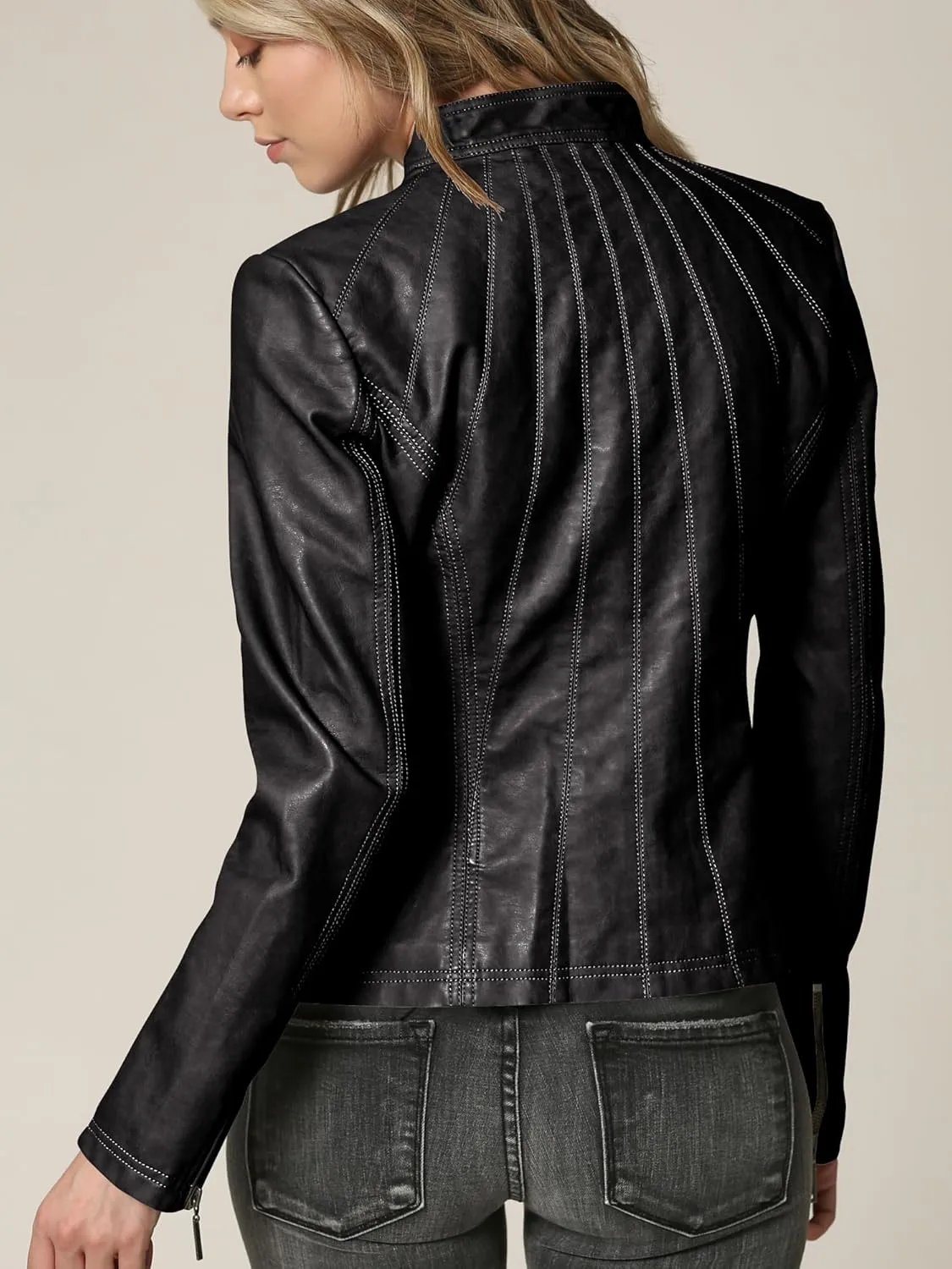 Made By Johnny MBJ Womens Faux Leather Zip Up Moto Biker Jacket with Stitching Detail