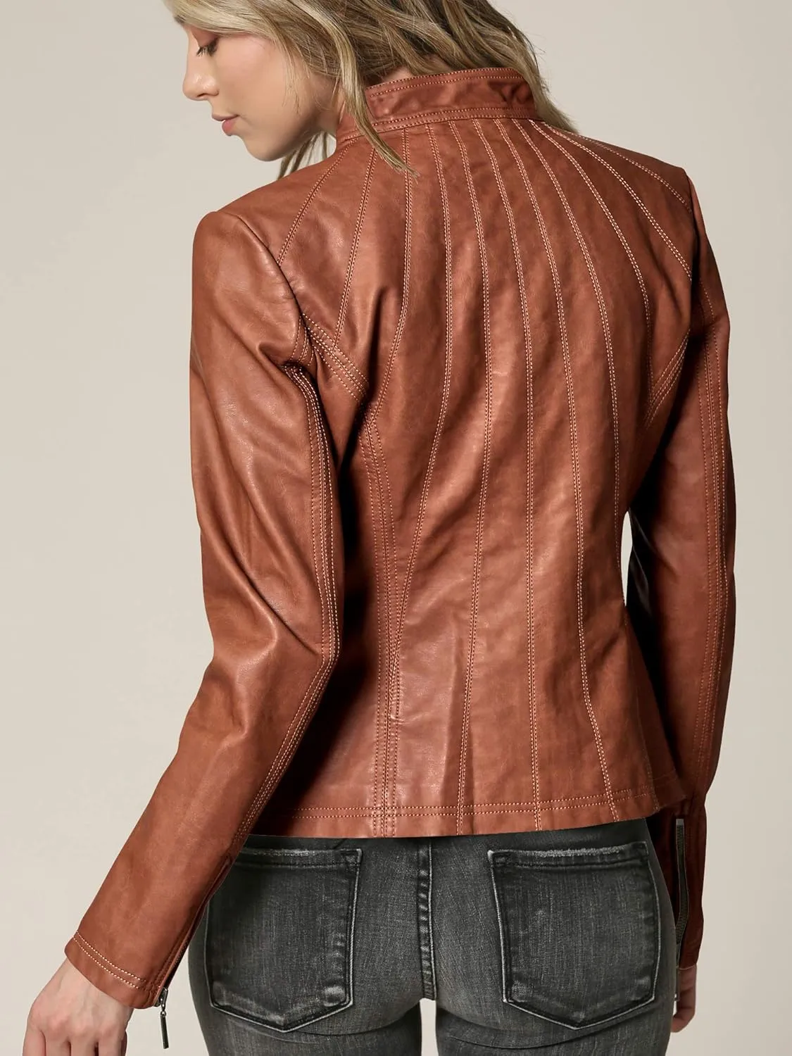 Made By Johnny MBJ Womens Faux Leather Zip Up Moto Biker Jacket with Stitching Detail