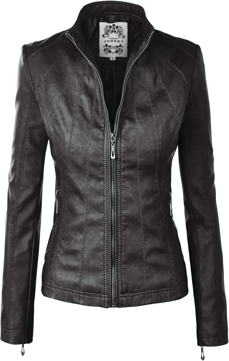 Made By Johnny MBJ Womens Faux Leather Zip Up Moto Biker Jacket with Stitching Detail