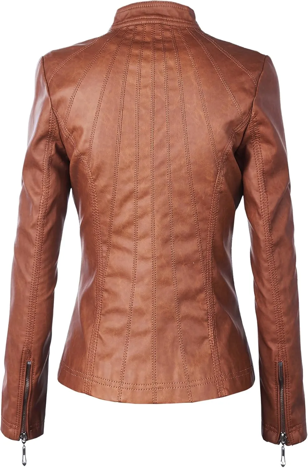 Made By Johnny MBJ Womens Faux Leather Zip Up Moto Biker Jacket with Stitching Detail