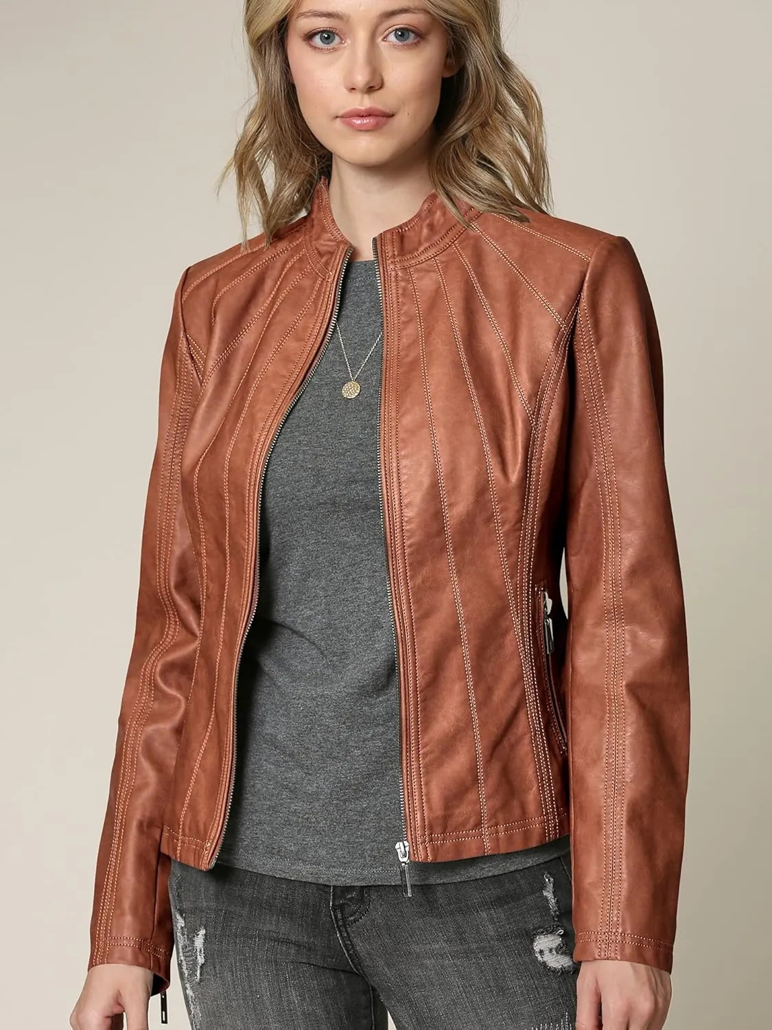 Made By Johnny MBJ Womens Faux Leather Zip Up Moto Biker Jacket with Stitching Detail