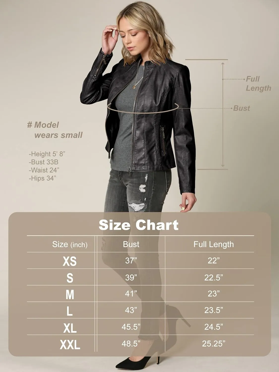 Made By Johnny MBJ Womens Faux Leather Zip Up Moto Biker Jacket with Stitching Detail