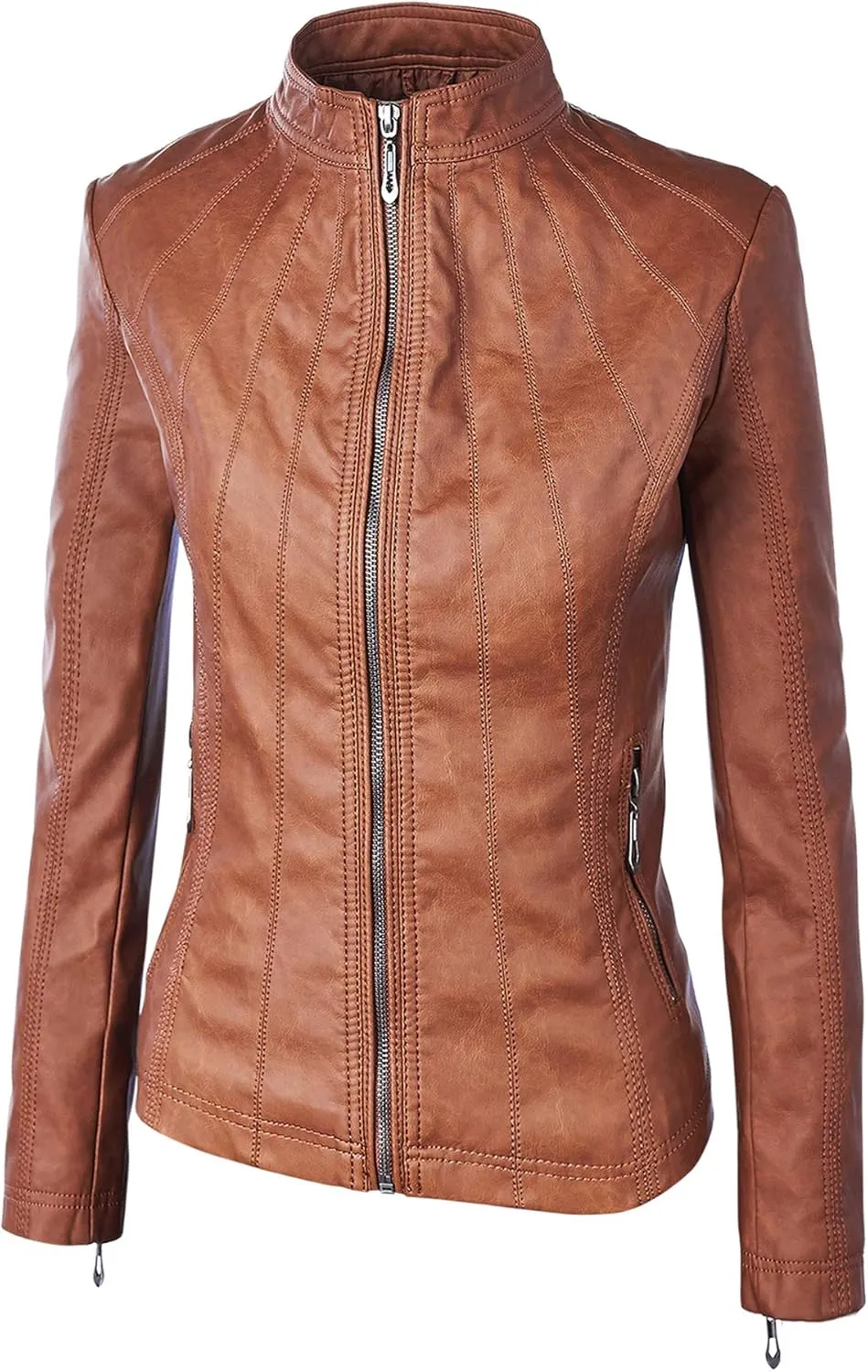 Made By Johnny MBJ Womens Faux Leather Zip Up Moto Biker Jacket with Stitching Detail