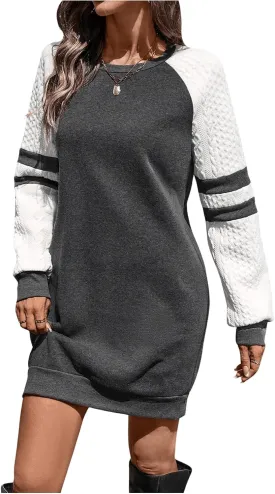 MakeMeChic Women's Casual Color Block Sweatshirt Dress Crew Neck Long Sleeve Short Dresses