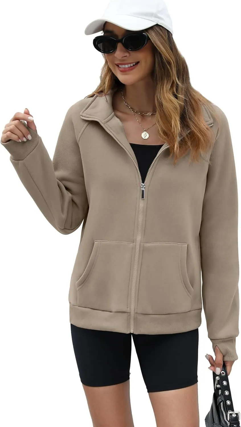 OFEEFAN Women's Full Zip Up Sweatshirt Oversized Fleece Jacket Trendy Hoodies Lightweight Coats with Pockets