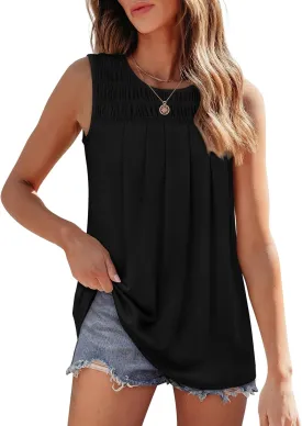 OFEEFAN Womens Tank Tops Summer Pleated Crew Neck Sleeveless Tops for Women Ruched Loose
