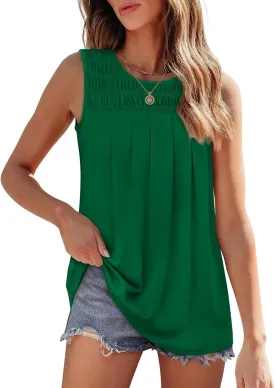 OFEEFAN Womens Tank Tops Summer Pleated Crew Neck Sleeveless Tops for Women Ruched Loose